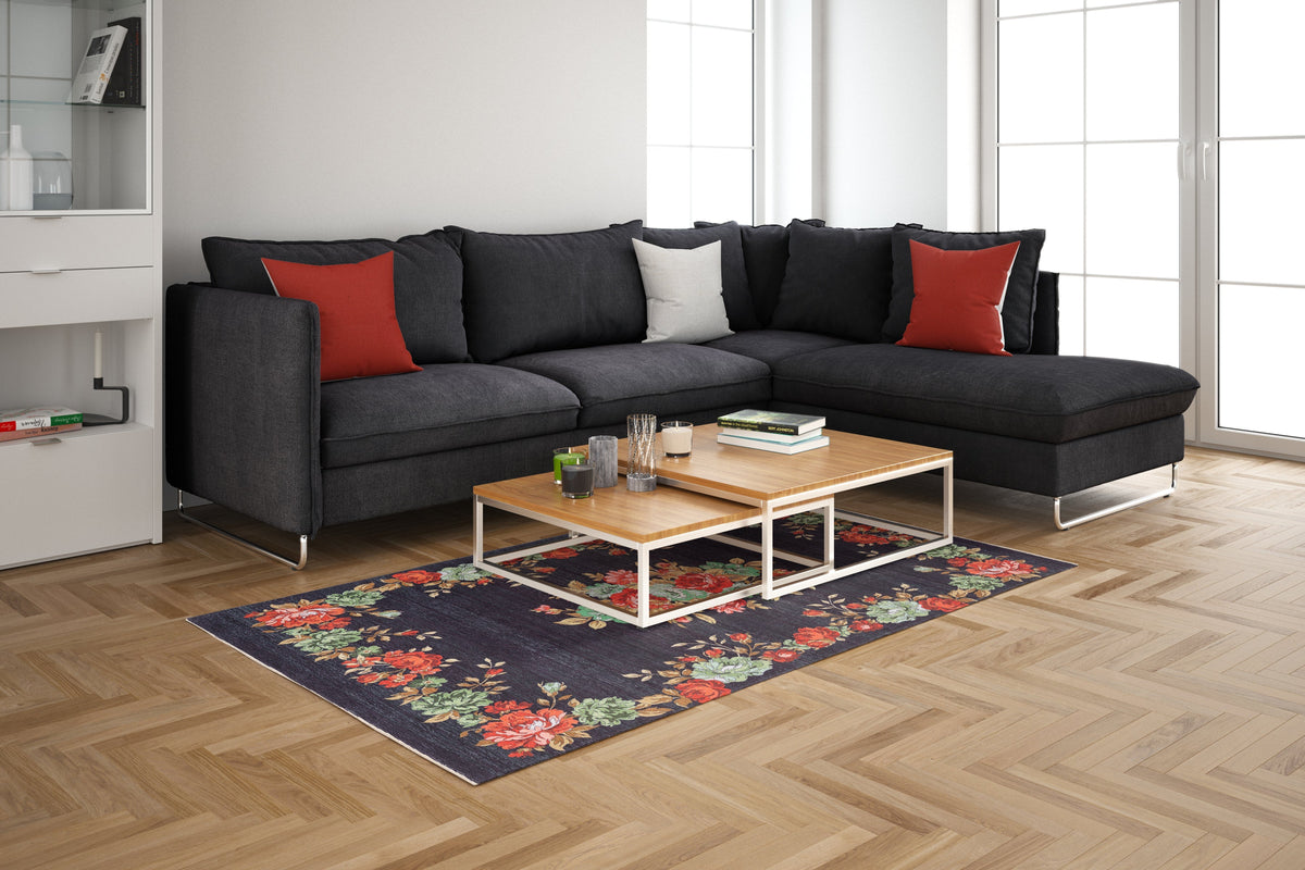 Rechteck Teppich Kriens Floret in Schwarz von Hadorn™ - Lifestyle Image